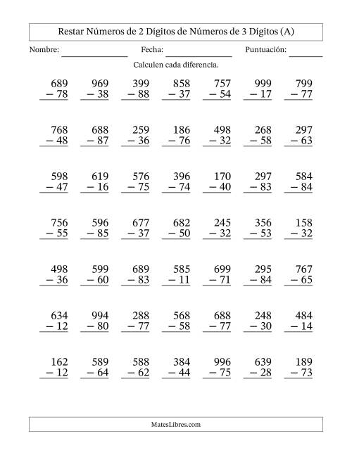 La hoja de ejercicios de Restar números de 2 dígitos de números de 3 dígitos, sin acarreo (49 preguntas) (A)