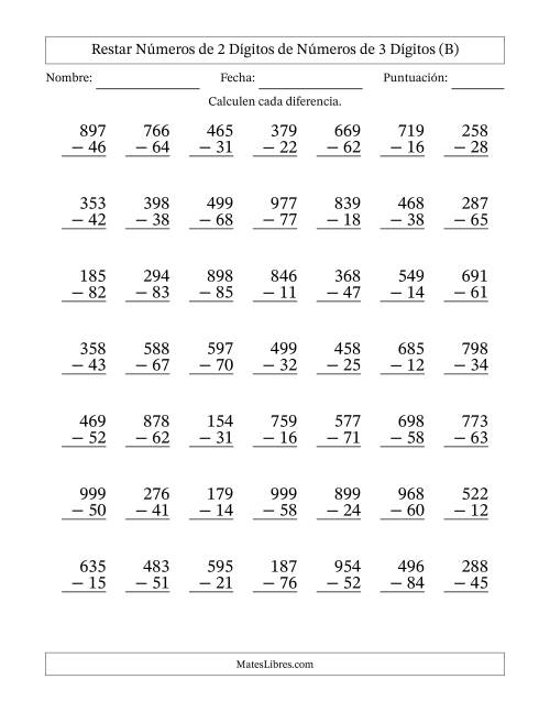 La hoja de ejercicios de Restar números de 2 dígitos de números de 3 dígitos, sin acarreo (49 preguntas) (B)