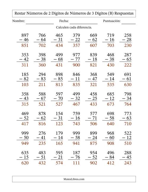 La hoja de ejercicios de Restar números de 2 dígitos de números de 3 dígitos, sin acarreo (49 preguntas) (B) Página 2