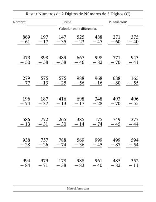 La hoja de ejercicios de Restar números de 2 dígitos de números de 3 dígitos, sin acarreo (49 preguntas) (C)