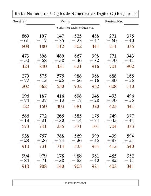 La hoja de ejercicios de Restar números de 2 dígitos de números de 3 dígitos, sin acarreo (49 preguntas) (C) Página 2