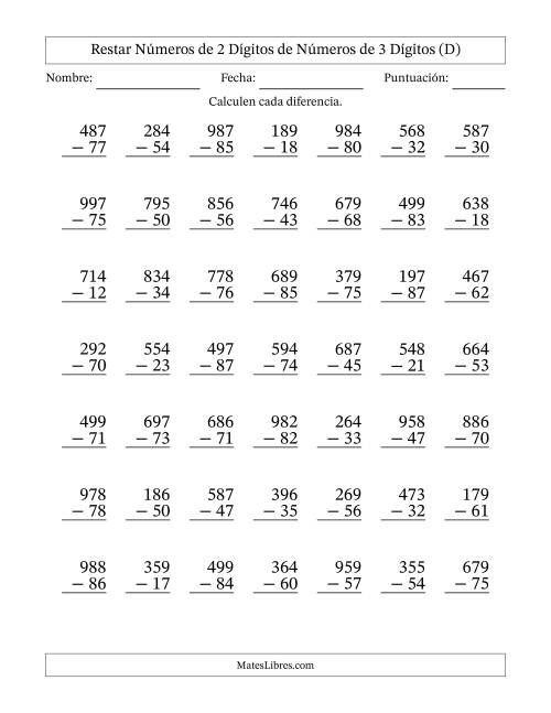 La hoja de ejercicios de Restar números de 2 dígitos de números de 3 dígitos, sin acarreo (49 preguntas) (D)
