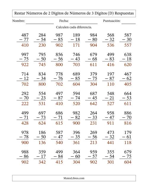 La hoja de ejercicios de Restar números de 2 dígitos de números de 3 dígitos, sin acarreo (49 preguntas) (D) Página 2