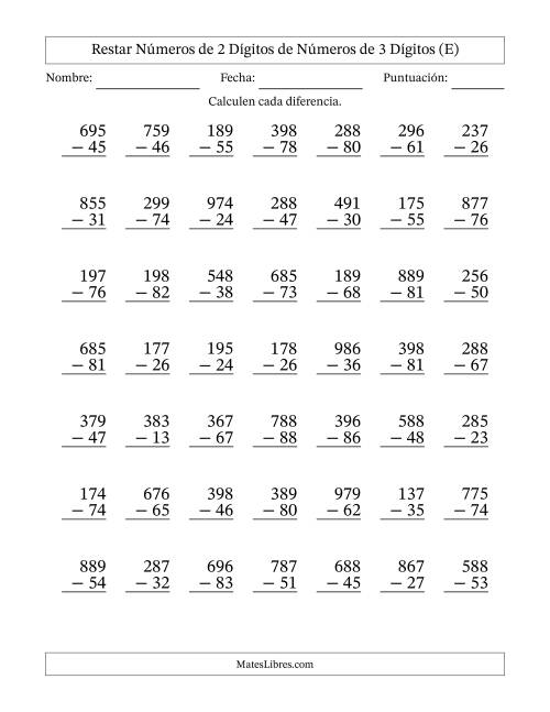 La hoja de ejercicios de Restar números de 2 dígitos de números de 3 dígitos, sin acarreo (49 preguntas) (E)