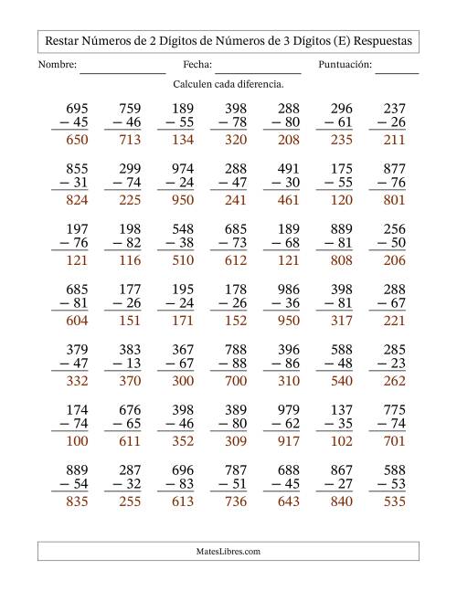 La hoja de ejercicios de Restar números de 2 dígitos de números de 3 dígitos, sin acarreo (49 preguntas) (E) Página 2