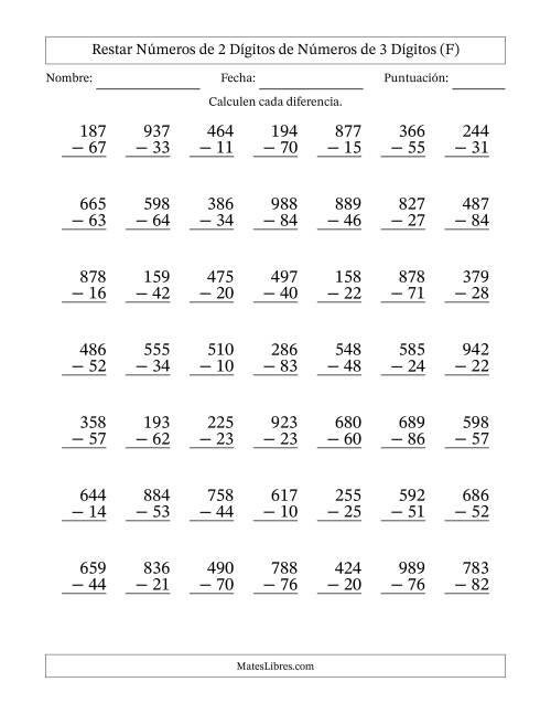 La hoja de ejercicios de Restar números de 2 dígitos de números de 3 dígitos, sin acarreo (49 preguntas) (F)