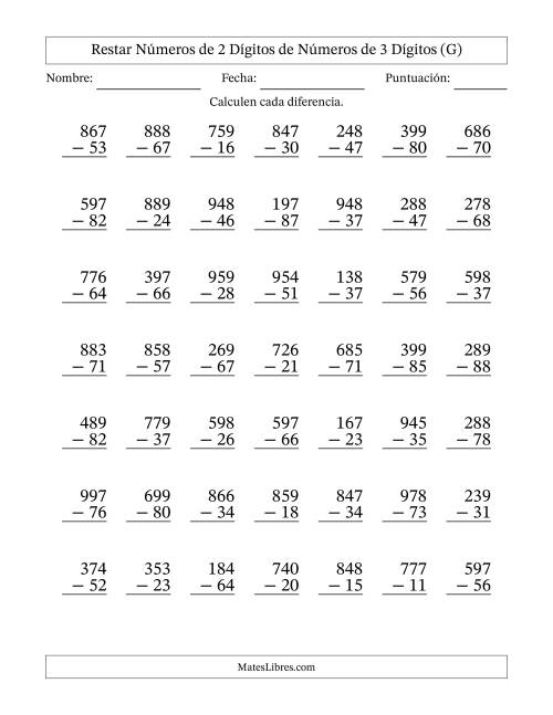 La hoja de ejercicios de Restar números de 2 dígitos de números de 3 dígitos, sin acarreo (49 preguntas) (G)