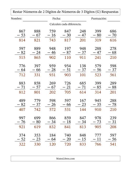 La hoja de ejercicios de Restar números de 2 dígitos de números de 3 dígitos, sin acarreo (49 preguntas) (G) Página 2