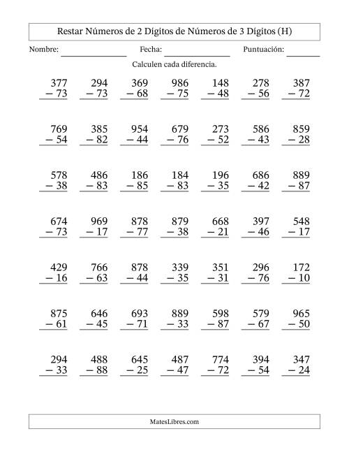 La hoja de ejercicios de Restar números de 2 dígitos de números de 3 dígitos, sin acarreo (49 preguntas) (H)
