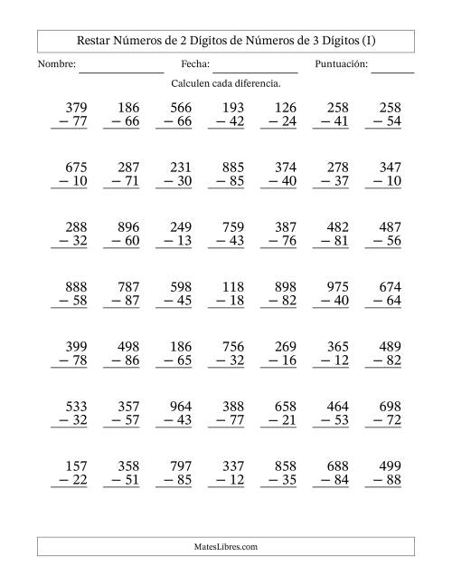 La hoja de ejercicios de Restar números de 2 dígitos de números de 3 dígitos, sin acarreo (49 preguntas) (I)