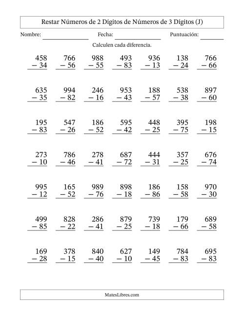 La hoja de ejercicios de Restar números de 2 dígitos de números de 3 dígitos, sin acarreo (49 preguntas) (J)