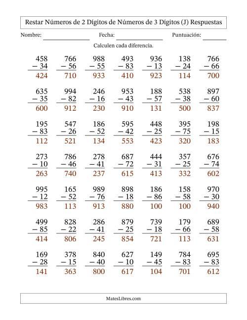 La hoja de ejercicios de Restar números de 2 dígitos de números de 3 dígitos, sin acarreo (49 preguntas) (J) Página 2
