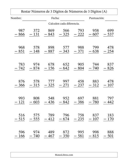 La hoja de ejercicios de Restar números de 3 dígitos de números de 3 dígitos, sin acarreo (49 preguntas) (A)