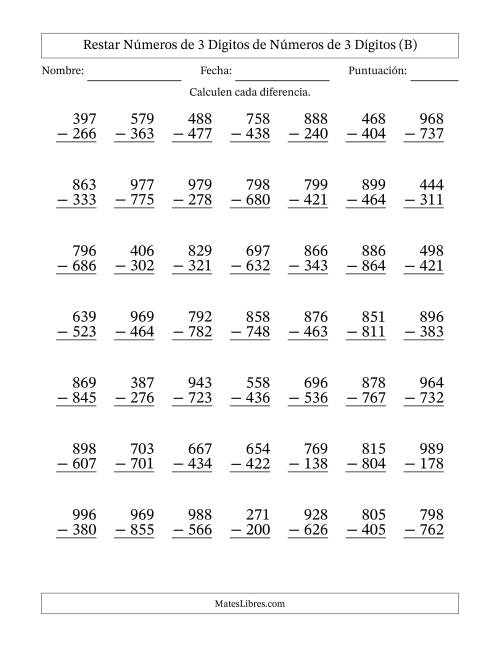 La hoja de ejercicios de Restar números de 3 dígitos de números de 3 dígitos, sin acarreo (49 preguntas) (B)