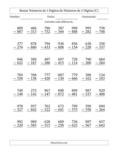 La hoja de ejercicios de Restar números de 3 dígitos de números de 3 dígitos, sin acarreo (49 preguntas) (C)