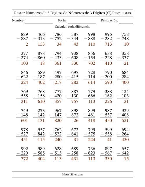 La hoja de ejercicios de Restar números de 3 dígitos de números de 3 dígitos, sin acarreo (49 preguntas) (C) Página 2