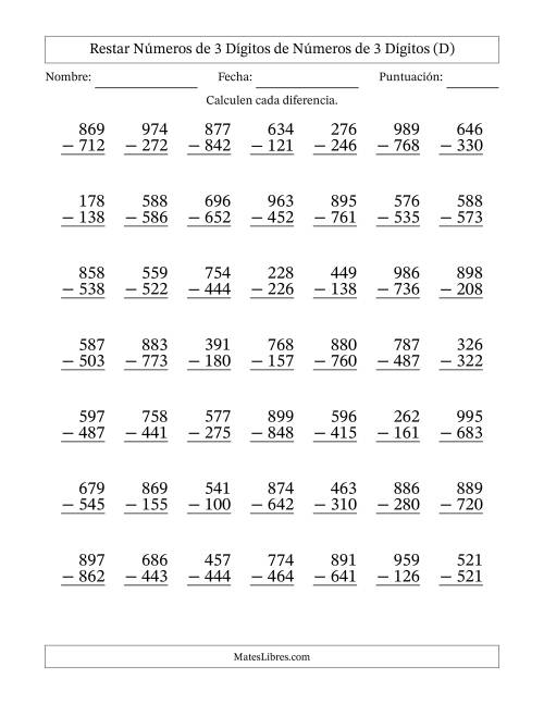 La hoja de ejercicios de Restar números de 3 dígitos de números de 3 dígitos, sin acarreo (49 preguntas) (D)