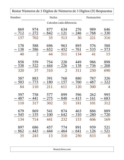 La hoja de ejercicios de Restar números de 3 dígitos de números de 3 dígitos, sin acarreo (49 preguntas) (D) Página 2