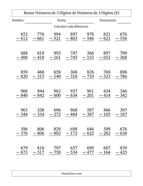 La hoja de ejercicios de Restar números de 3 dígitos de números de 3 dígitos, sin acarreo (49 preguntas) (E)