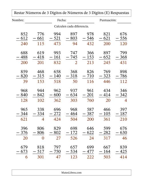 La hoja de ejercicios de Restar números de 3 dígitos de números de 3 dígitos, sin acarreo (49 preguntas) (E) Página 2