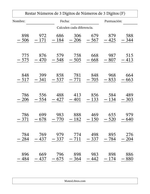 La hoja de ejercicios de Restar números de 3 dígitos de números de 3 dígitos, sin acarreo (49 preguntas) (F)