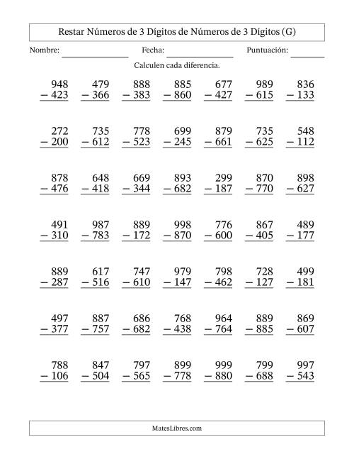 La hoja de ejercicios de Restar números de 3 dígitos de números de 3 dígitos, sin acarreo (49 preguntas) (G)