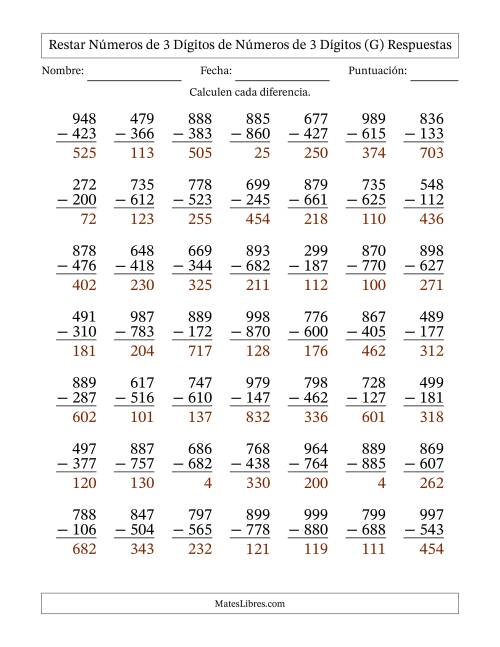 La hoja de ejercicios de Restar números de 3 dígitos de números de 3 dígitos, sin acarreo (49 preguntas) (G) Página 2