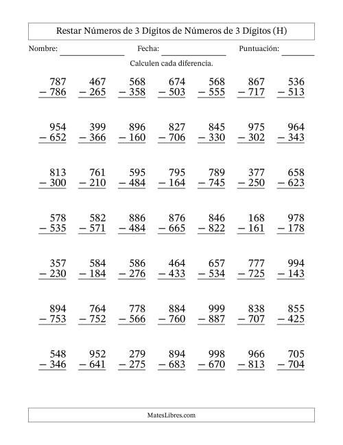 La hoja de ejercicios de Restar números de 3 dígitos de números de 3 dígitos, sin acarreo (49 preguntas) (H)