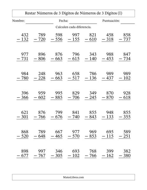 La hoja de ejercicios de Restar números de 3 dígitos de números de 3 dígitos, sin acarreo (49 preguntas) (I)