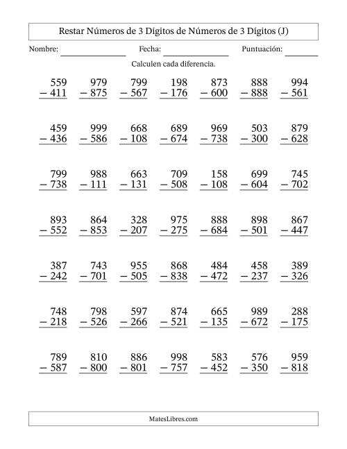 La hoja de ejercicios de Restar números de 3 dígitos de números de 3 dígitos, sin acarreo (49 preguntas) (J)