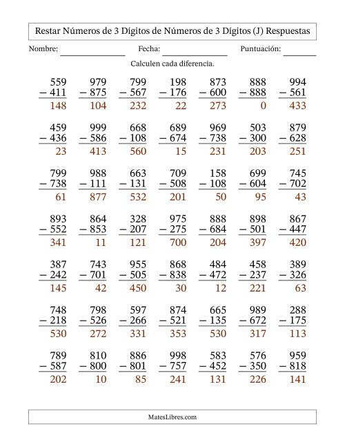 La hoja de ejercicios de Restar números de 3 dígitos de números de 3 dígitos, sin acarreo (49 preguntas) (J) Página 2