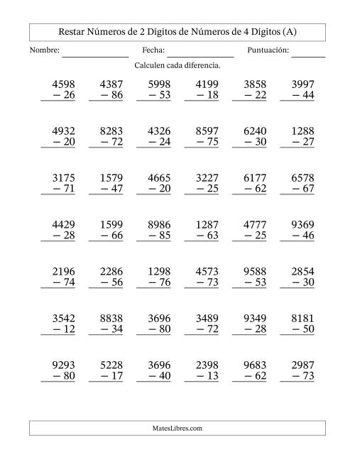 La hoja de ejercicios de Restar números de 2 dígitos de números de 4 dígitos, sin acarreo (42 preguntas) (A)
