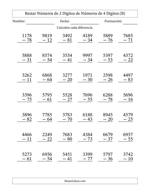 La hoja de ejercicios de Restar números de 2 dígitos de números de 4 dígitos, sin acarreo (42 preguntas) (B)