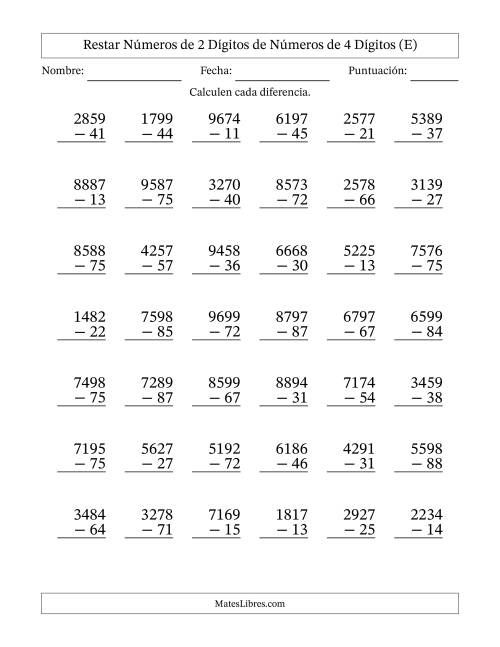 La hoja de ejercicios de Restar números de 2 dígitos de números de 4 dígitos, sin acarreo (42 preguntas) (E)