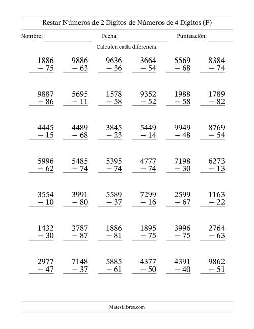 La hoja de ejercicios de Restar números de 2 dígitos de números de 4 dígitos, sin acarreo (42 preguntas) (F)