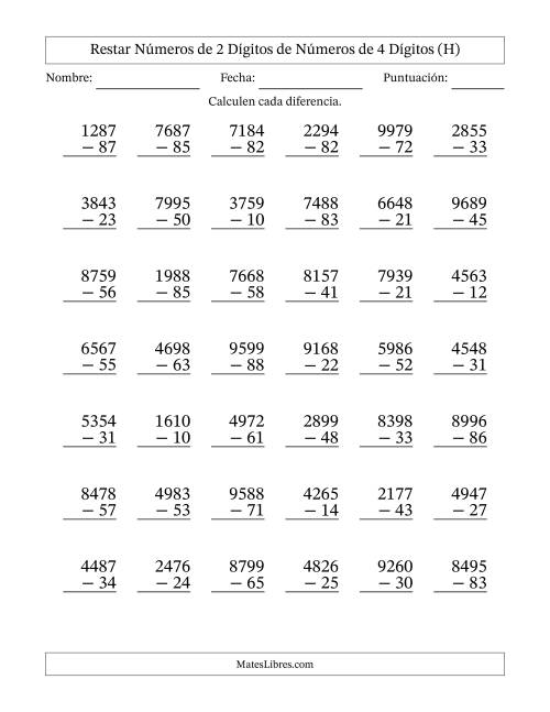 La hoja de ejercicios de Restar números de 2 dígitos de números de 4 dígitos, sin acarreo (42 preguntas) (H)