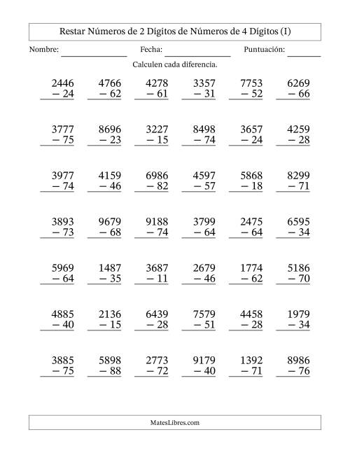 La hoja de ejercicios de Restar números de 2 dígitos de números de 4 dígitos, sin acarreo (42 preguntas) (I)