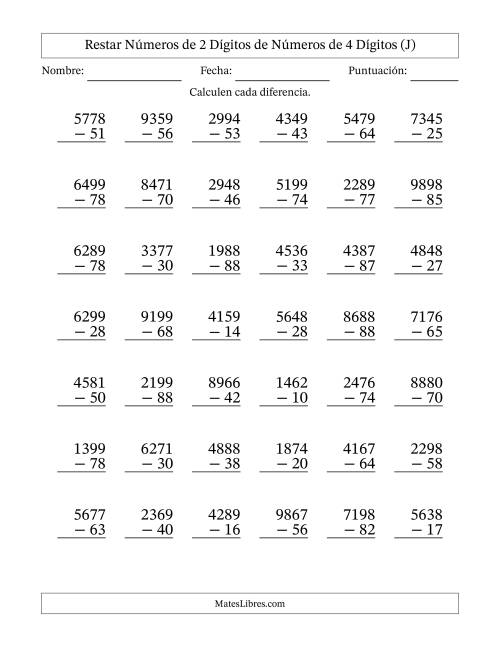 La hoja de ejercicios de Restar números de 2 dígitos de números de 4 dígitos, sin acarreo (42 preguntas) (J)
