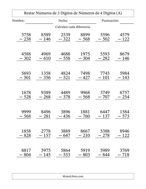 La hoja de ejercicios de Restar números de 3 dígitos de números de 4 dígitos, sin acarreo (42 preguntas) (A)