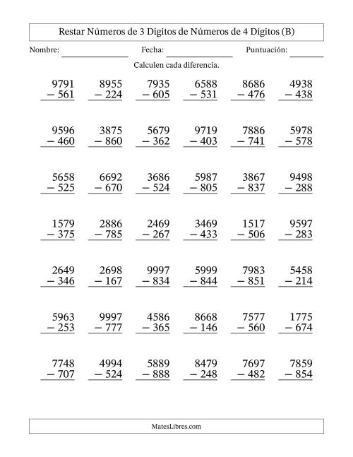 La hoja de ejercicios de Restar números de 3 dígitos de números de 4 dígitos, sin acarreo (42 preguntas) (B)