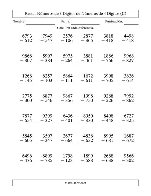 La hoja de ejercicios de Restar números de 3 dígitos de números de 4 dígitos, sin acarreo (42 preguntas) (C)