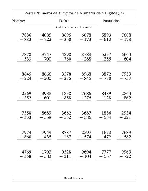 La hoja de ejercicios de Restar números de 3 dígitos de números de 4 dígitos, sin acarreo (42 preguntas) (D)