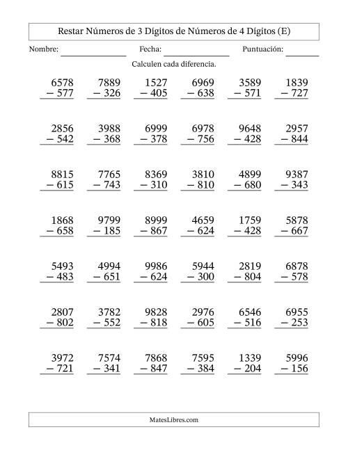 La hoja de ejercicios de Restar números de 3 dígitos de números de 4 dígitos, sin acarreo (42 preguntas) (E)