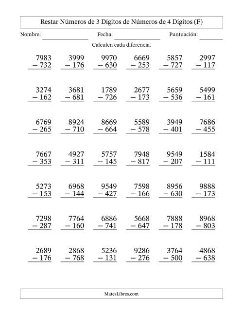 La hoja de ejercicios de Restar números de 3 dígitos de números de 4 dígitos, sin acarreo (42 preguntas) (F)