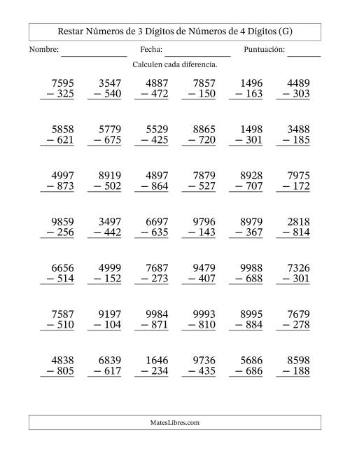 La hoja de ejercicios de Restar números de 3 dígitos de números de 4 dígitos, sin acarreo (42 preguntas) (G)