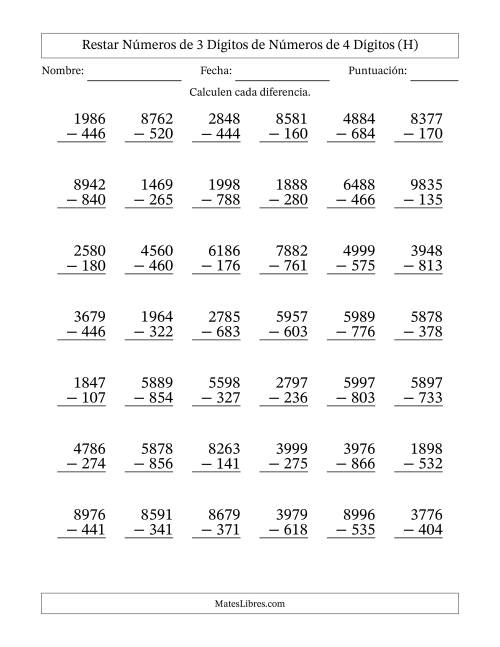 La hoja de ejercicios de Restar números de 3 dígitos de números de 4 dígitos, sin acarreo (42 preguntas) (H)