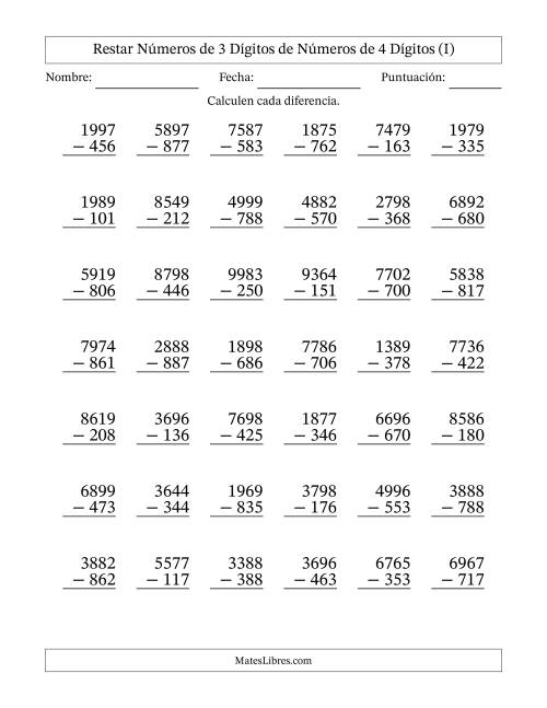 La hoja de ejercicios de Restar números de 3 dígitos de números de 4 dígitos, sin acarreo (42 preguntas) (I)