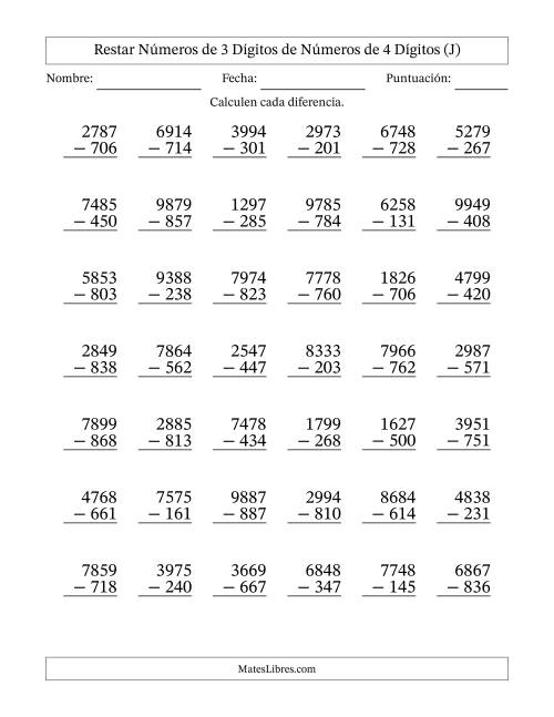 La hoja de ejercicios de Restar números de 3 dígitos de números de 4 dígitos, sin acarreo (42 preguntas) (J)