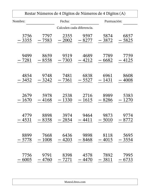 La hoja de ejercicios de Restar números de 4 dígitos de números de 4 dígitos, sin acarreo (42 preguntas) (A)