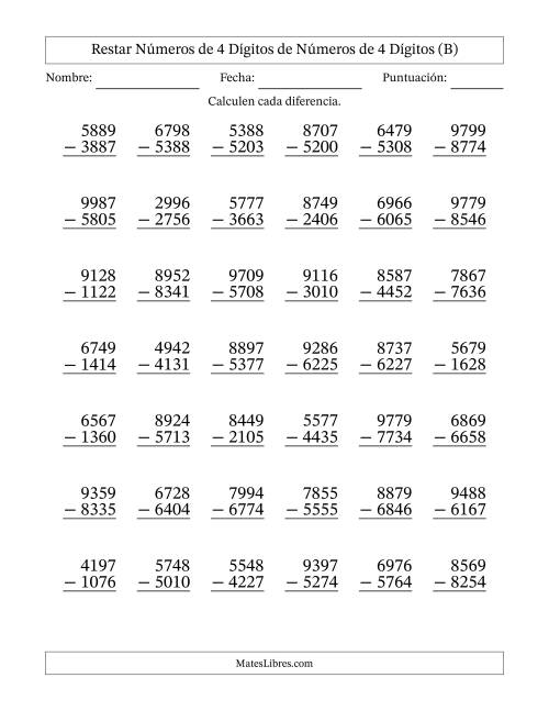 La hoja de ejercicios de Restar números de 4 dígitos de números de 4 dígitos, sin acarreo (42 preguntas) (B)